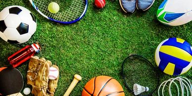 An image of various sports balls, gloves, rackets, etc., displayed out on a grassy field.