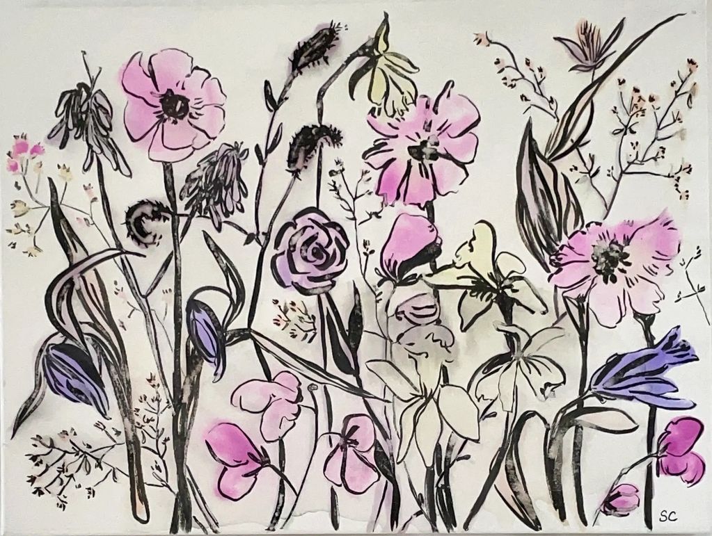 Poppy, Asclepia, Ironweed, Buddelia 
with Ink
watercolor, graphite and ink on canvas
24" x 18"