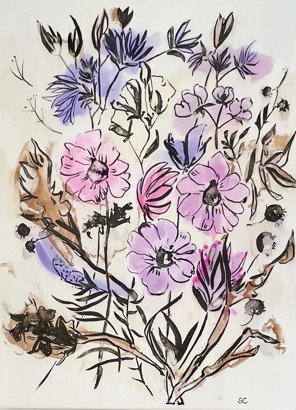 Poppy, Buddelia, Oak, Sweet Gum with Ink
watercolor, graphite and ink on canvas
18" x 24"
Contact fo