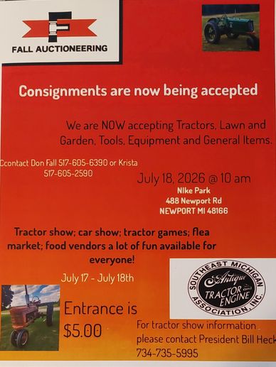 Fall Auctioneering accepting consignments for tractor and car show in Newport, MI.