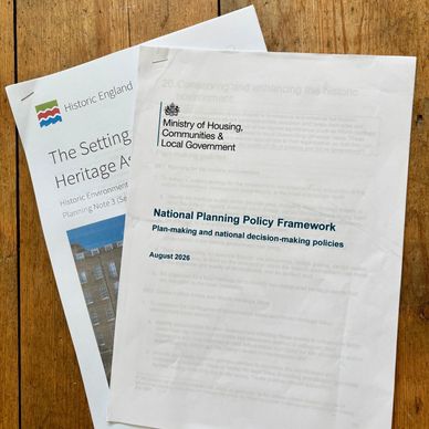 Documents on heritage and planning policies from Historic England and UK government.