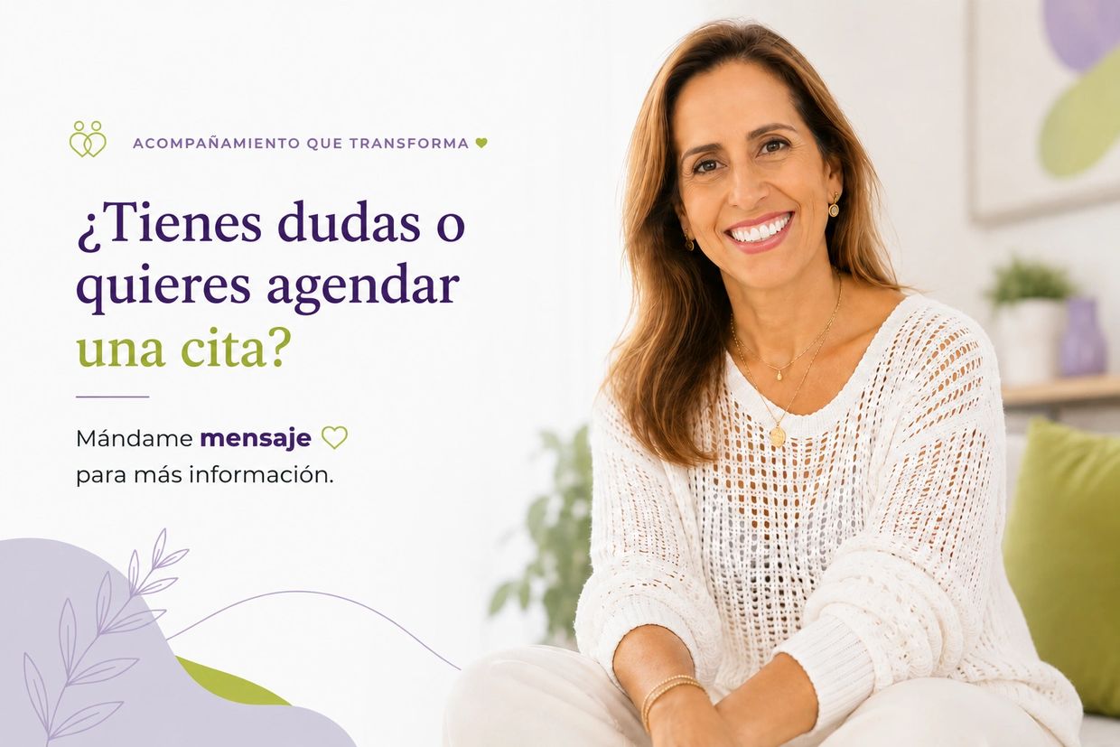 Mujer sonriente ofreciendo agendar una cita para acompañamiento.