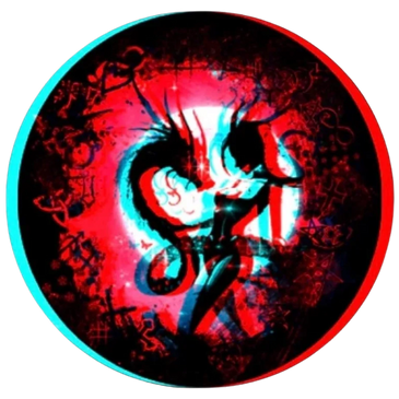 DARQ BDSM round logo ion a girl facing a dragon n black white with red and aqua ring around outside