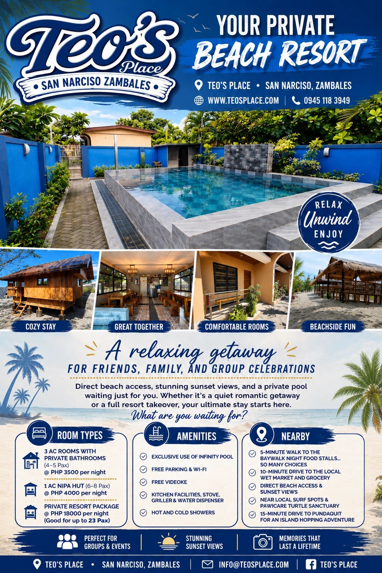 Teo's Place private beach resort with pool and cozy accommodations.