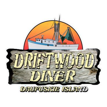 Logo of Driftwood Diner with a fishing boat and sunset background.