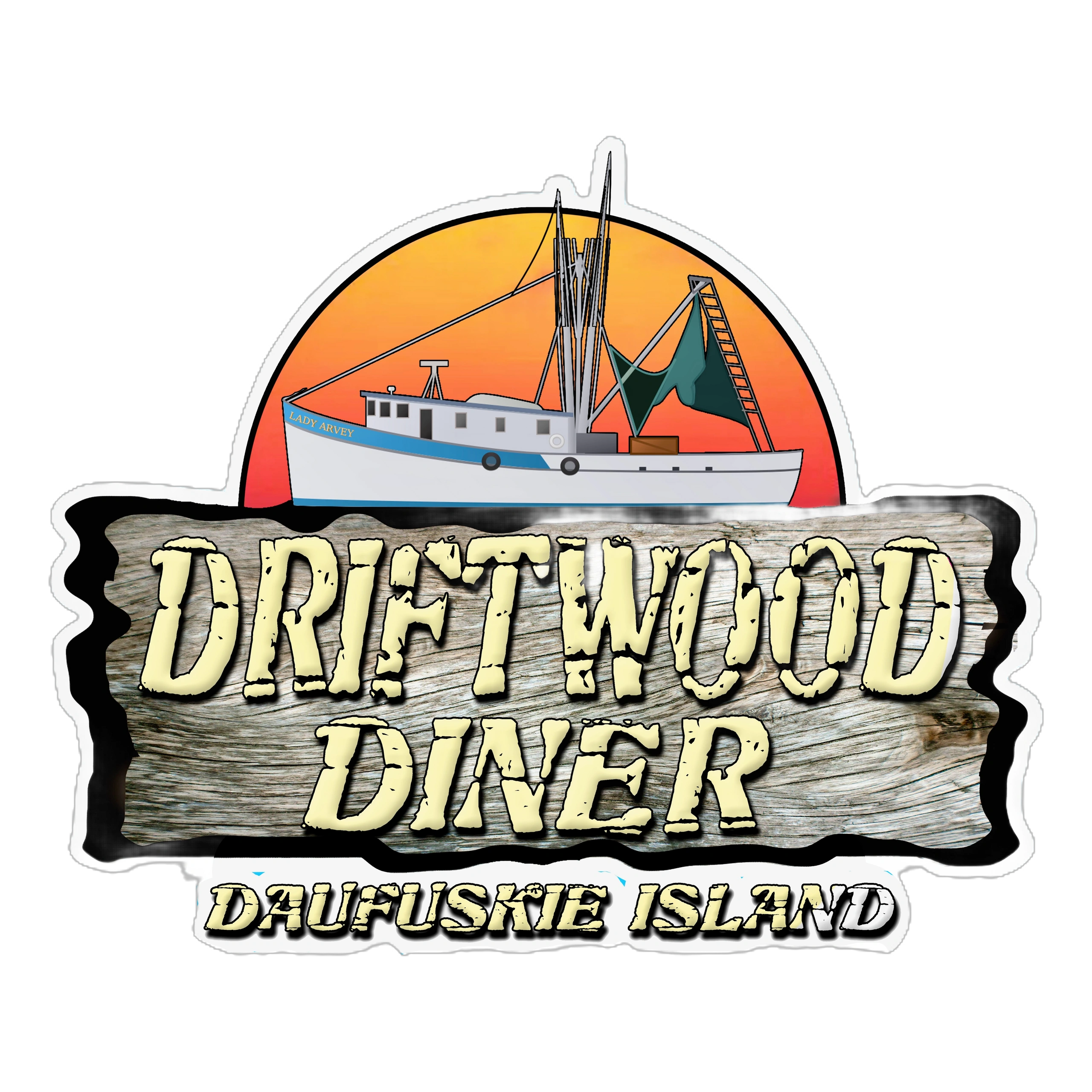 Logo of Driftwood Diner on Daufuskie Island featuring a fishing boat and sunset.