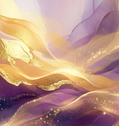 Peinture abstraite avec des tons dorés et violets.