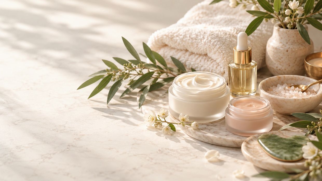 Skincare products with flowers and towels.