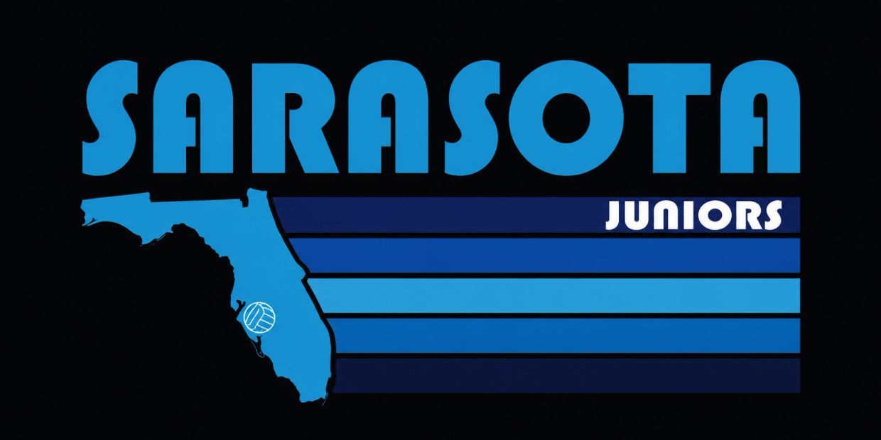 Sarasota Juniors logo with Florida map and volleyball icon.