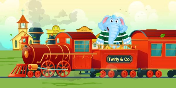 Elephant riding a colorful train through a village.