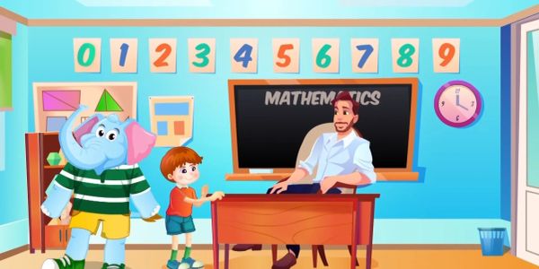 Teacher and students in a colorful classroom.