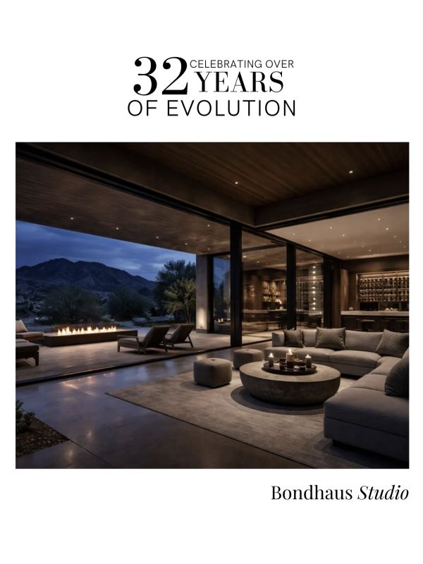 Modern open living space blending indoor comfort with outdoor nature and fire features.