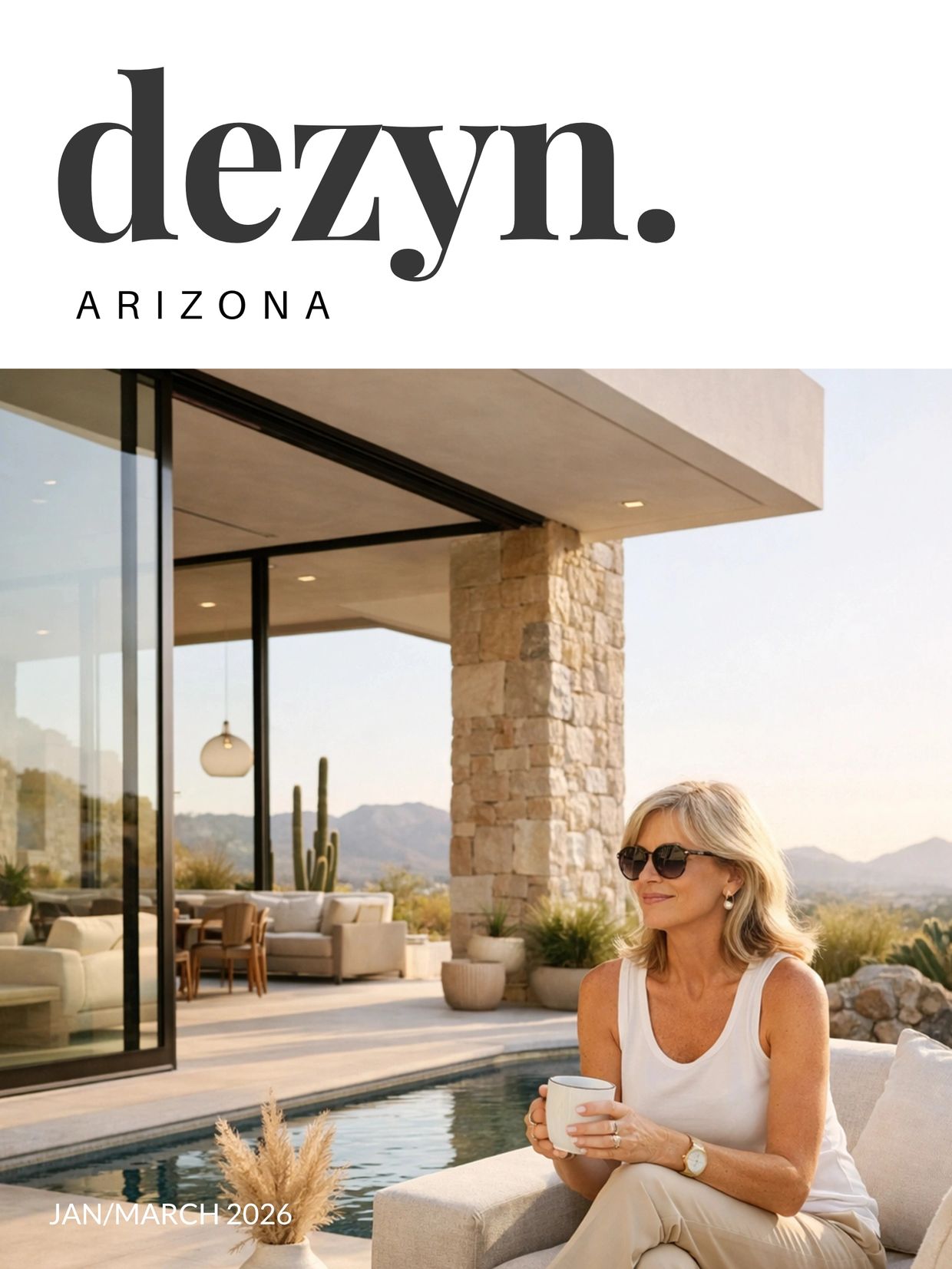 Woman relaxing by a modern poolside patio in Arizona, January-March 2026.