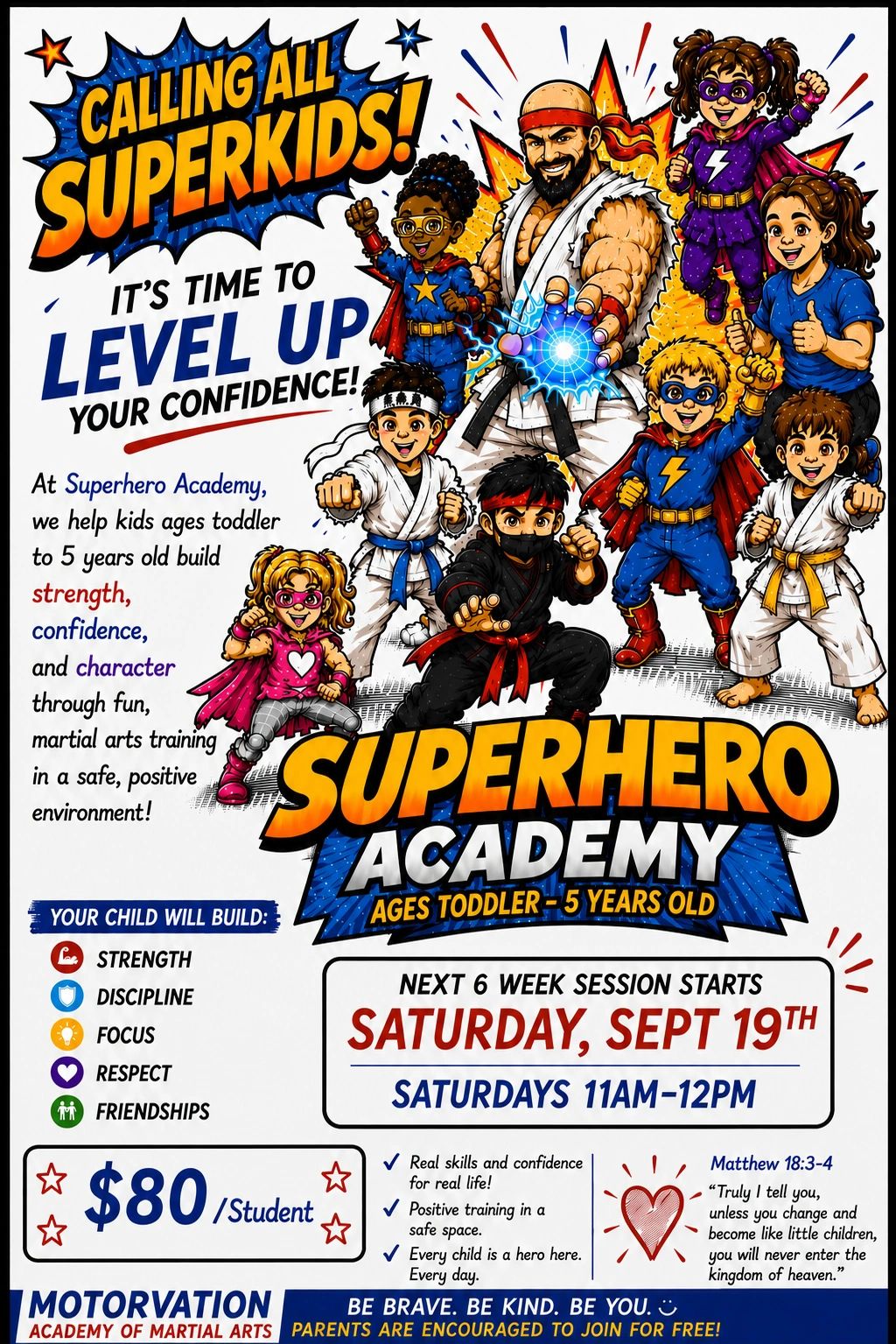 Superhero Academy martial arts program for young kids builds strength and confidence.