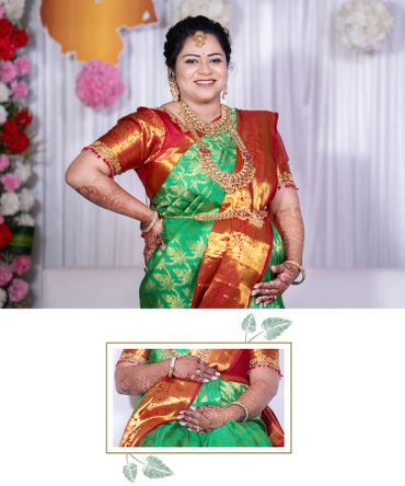 A smiling pregnant woman in traditional attire with intricate mehndi on her hands.