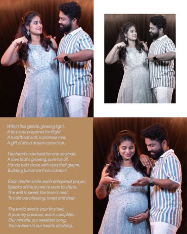 Couple celebrating pregnancy with loving poses and a heartfelt poem.