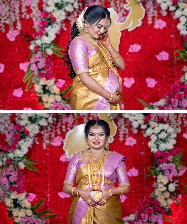 Pregnant woman in traditional attire posing against a floral backdrop.