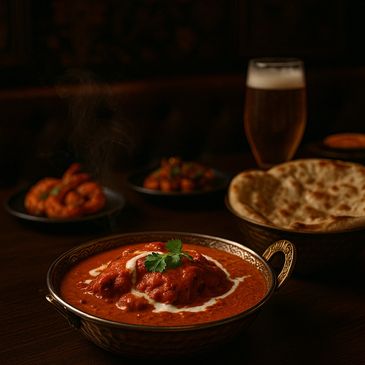 butter chicken meal with beer