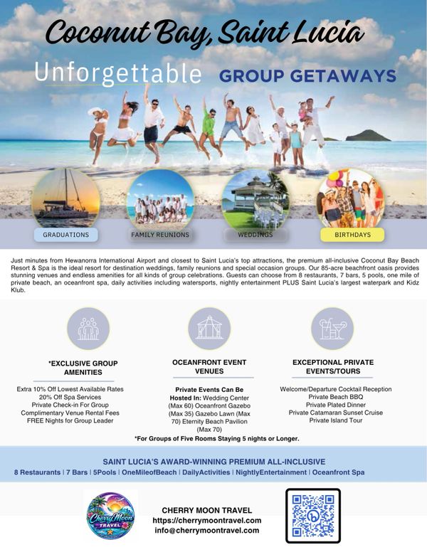 Coconut Bay, Saint Lucia offers unforgettable group getaways for graduations, family reunions, weddings, and birthdays.