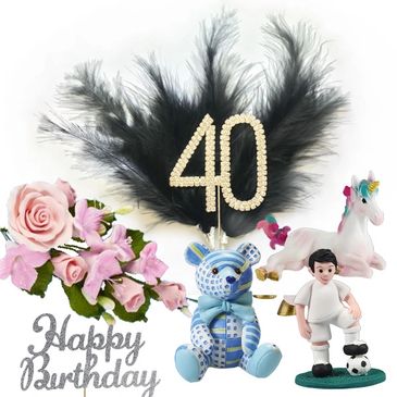 Diamante topper, sugar flowers, cake pics, feathers, photo toppers, mottos, candles, cupcake toppers