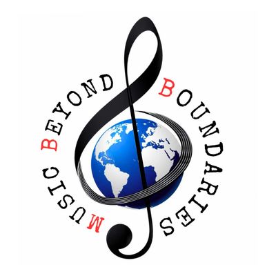 Logo with a treble clef and globe symbolizing music beyond boundaries.
