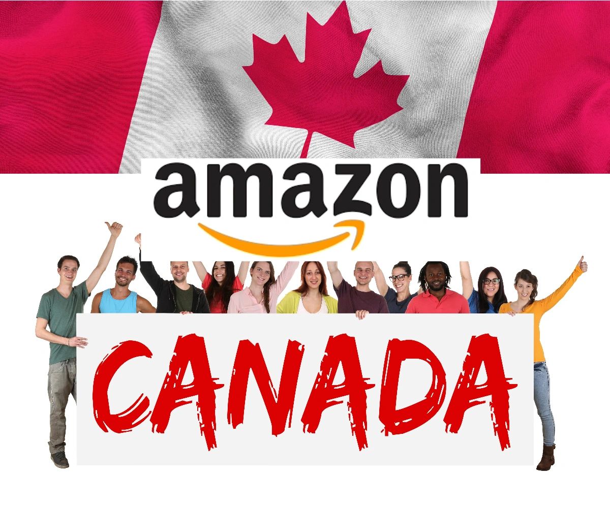 Canadian flag, group of Canadians holding a Canada Banner, Amazon logo