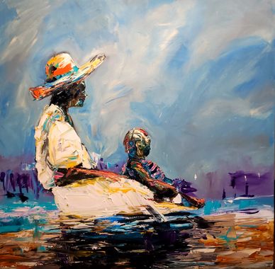 Impressionist painting of woman and child by water under a wide sky.