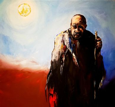 A somber man holding a staff under a bright sun in a dramatic landscape.