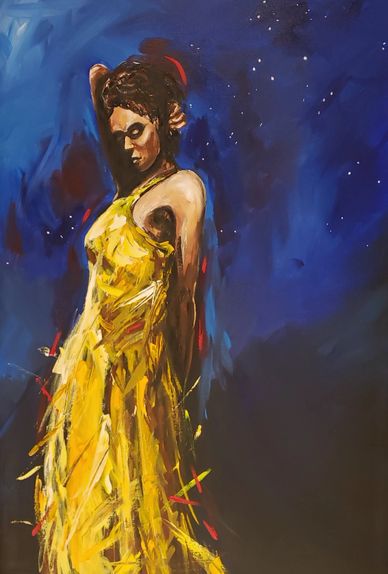 A woman in a flowing yellow dress against a deep blue, starry background.