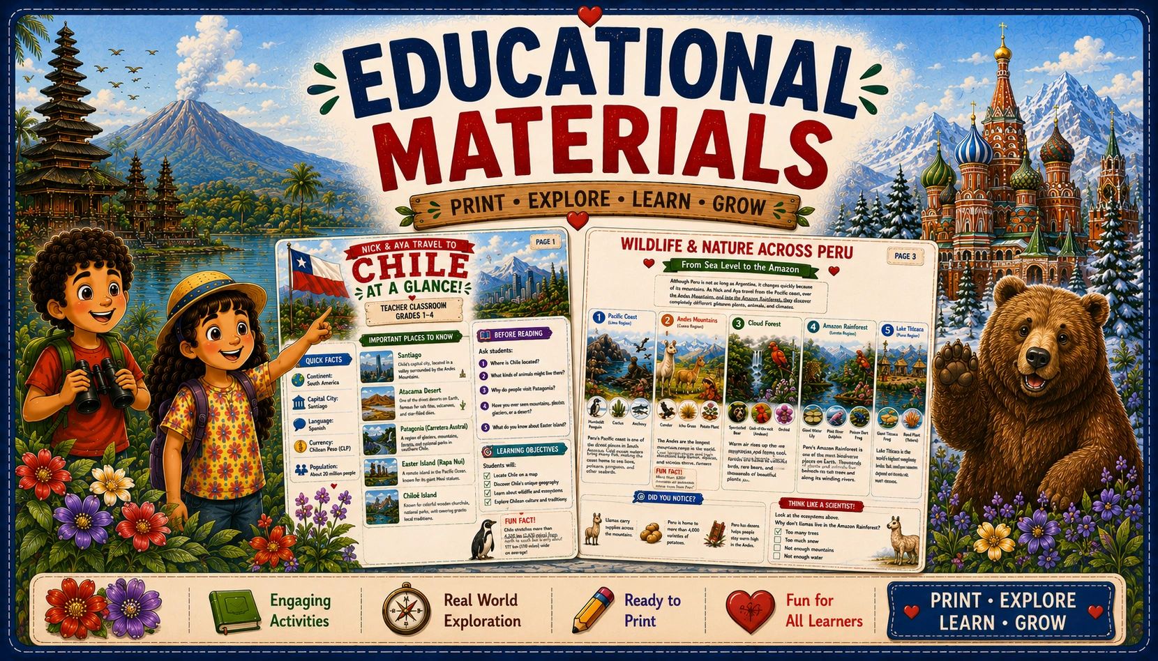 Educational poster about Chile and Peru with nature and culture.