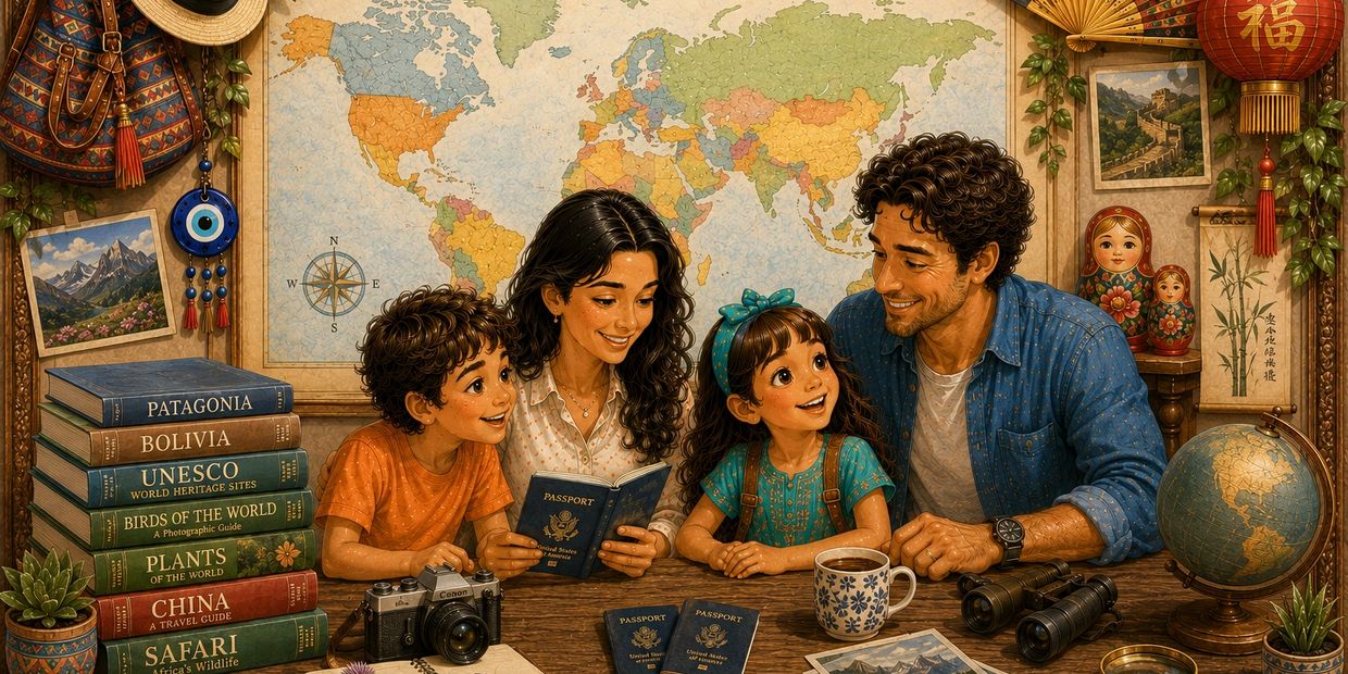A family planning a trip with travel books and passports.