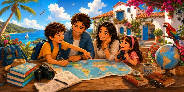 Family planning a trip with a map in a vibrant tropical setting.
