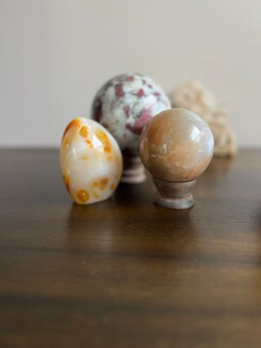 Peach Moonstone Sphere, Banded orange Agate freeform, Rubellite and Pink Tourmaline.