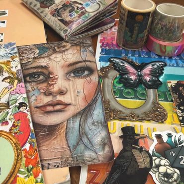 Crafting, expressive arts, stickers, collage, scrapbooking.