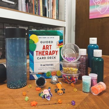 Craft room, crafting, art therapy, sensory jars, beads, glitter, paint, fidgets.