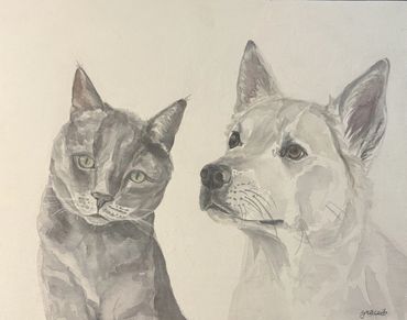 watercolor painting of a white dog and grey cat