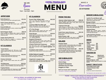 Hotel Traralgon menu featuring appetizers, classics, seafood, salads, seniors, kids meals, sides, sauces, and desserts.