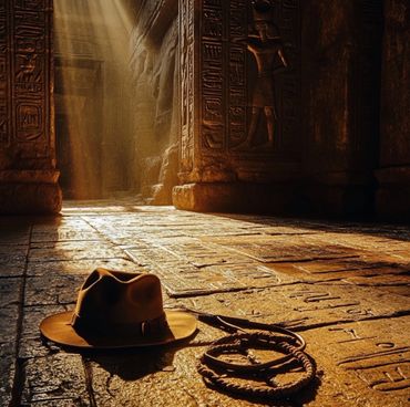 An explorer's hat and whip lay on an ancient Egyptian temple floor illuminated by sunlight.