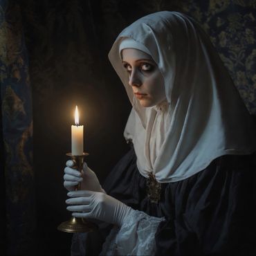 A woman dressed in vintage attire holding a lit candle in a dark room.