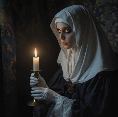 A woman dressed in vintage attire holding a lit candle in a dark room.