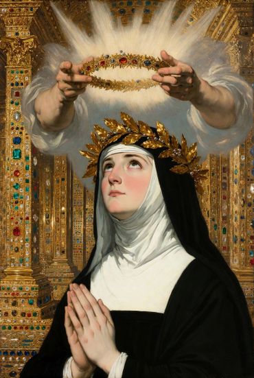 A nun is crowned with a golden laurel wreath in a richly decorated setting.