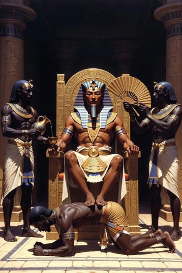Ancient Egyptian pharaoh seated on throne with attendants and a servant bowing at his feet.