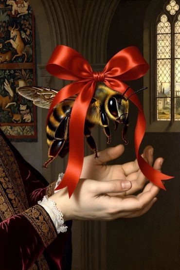 A large bee with a red ribbon hovers over elegant hands in a medieval setting.
