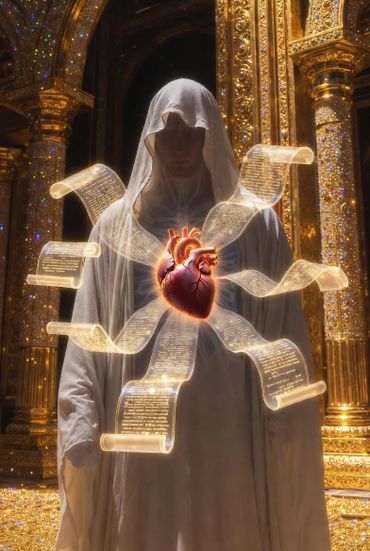 A cloaked figure with a glowing heart and floating scrolls in a golden ornate setting.