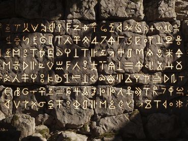 Ancient glowing symbols carved on stone blocks in a mysterious script.