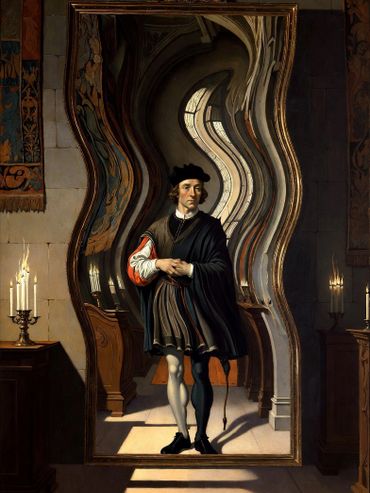 A man stands before a distorted mirror in a dimly lit room with candles.