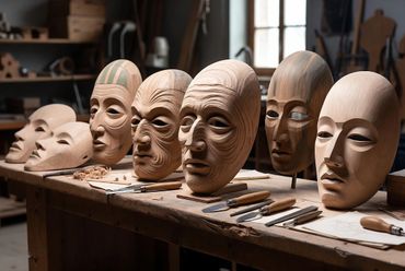 A row of intricately carved wooden faces in a workshop with carving tools.