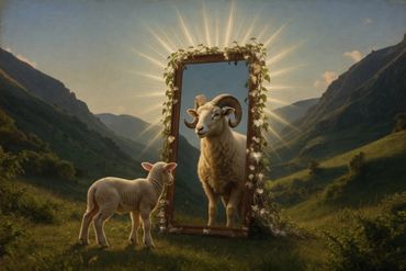 A lamb sees a ram's reflection in a glowing mirror in a valley.
