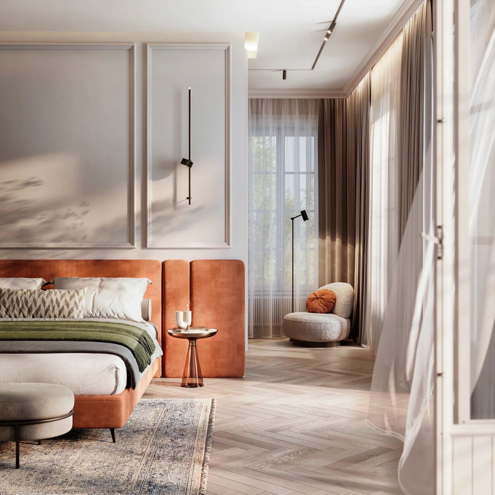 Cozy modern bedroom with orange accents and natural light.