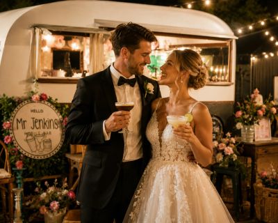 Newlywed couple smiling with drinks at wedding reception.